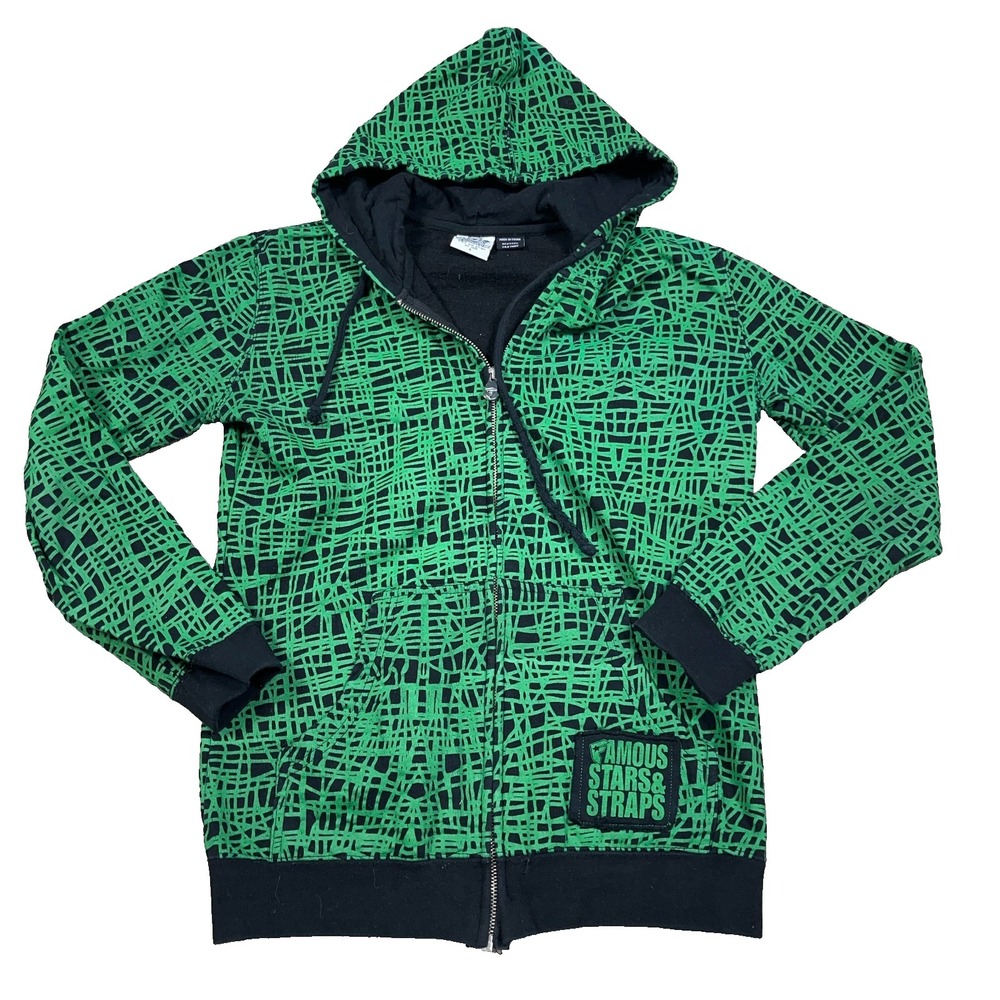 Vintage Y2K Famous Stars Straps Hoodie Women Small Green Full Zip AOP‎ Skate